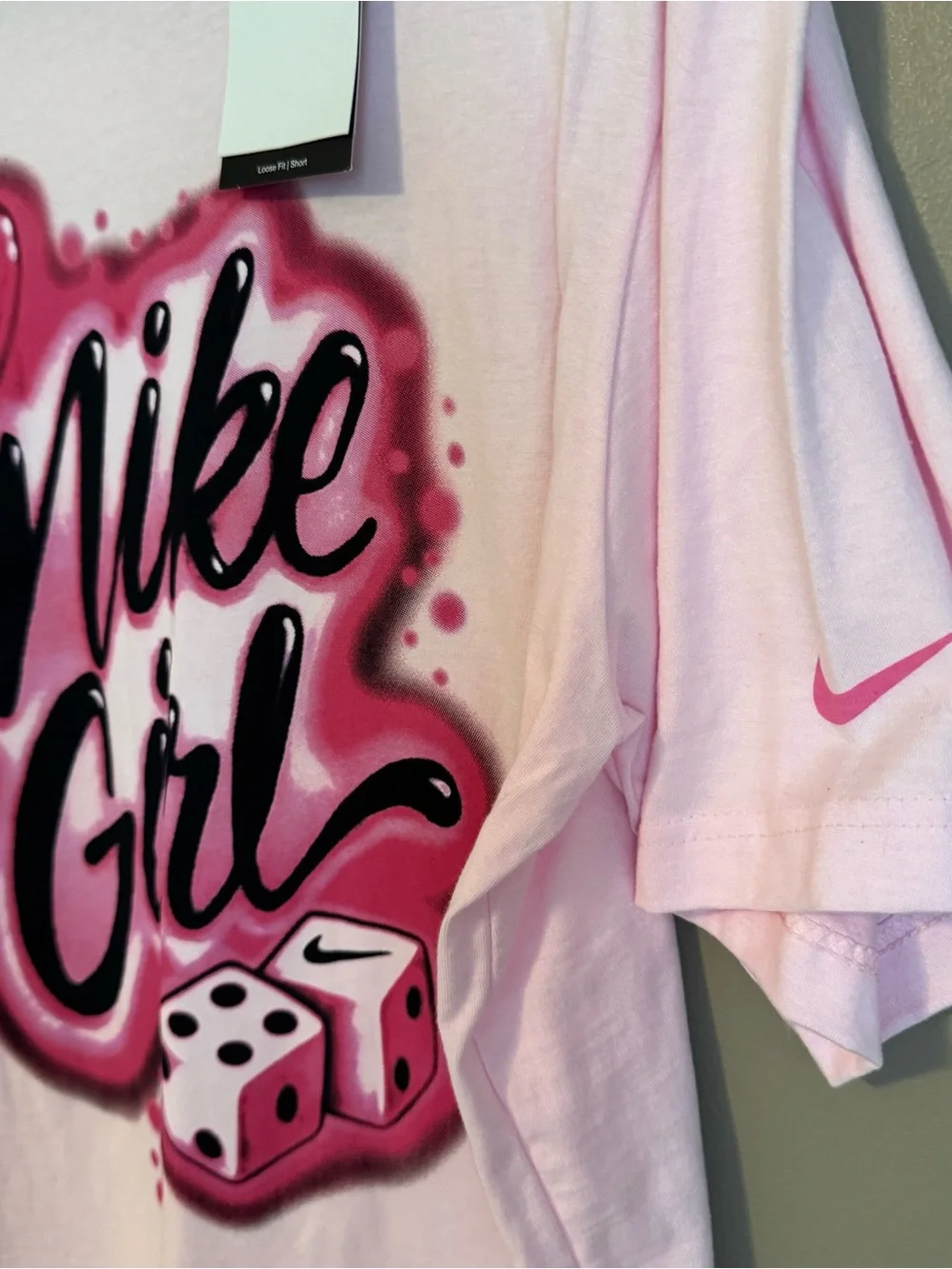 Nike Essentials Pink Airbrushed “Nike Girl” Graphic Boxy Fit Tshirt Medium NWT